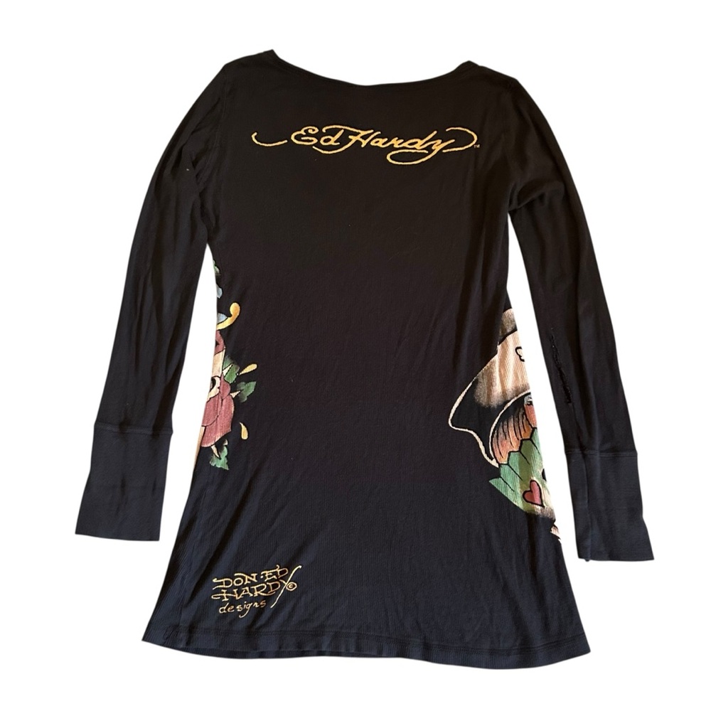 VTG Y2K Ed Hardy Black Long Sleeve Tattoo Graphic Shirt / Mini Dress Goth Medium - Picture 16 of 16